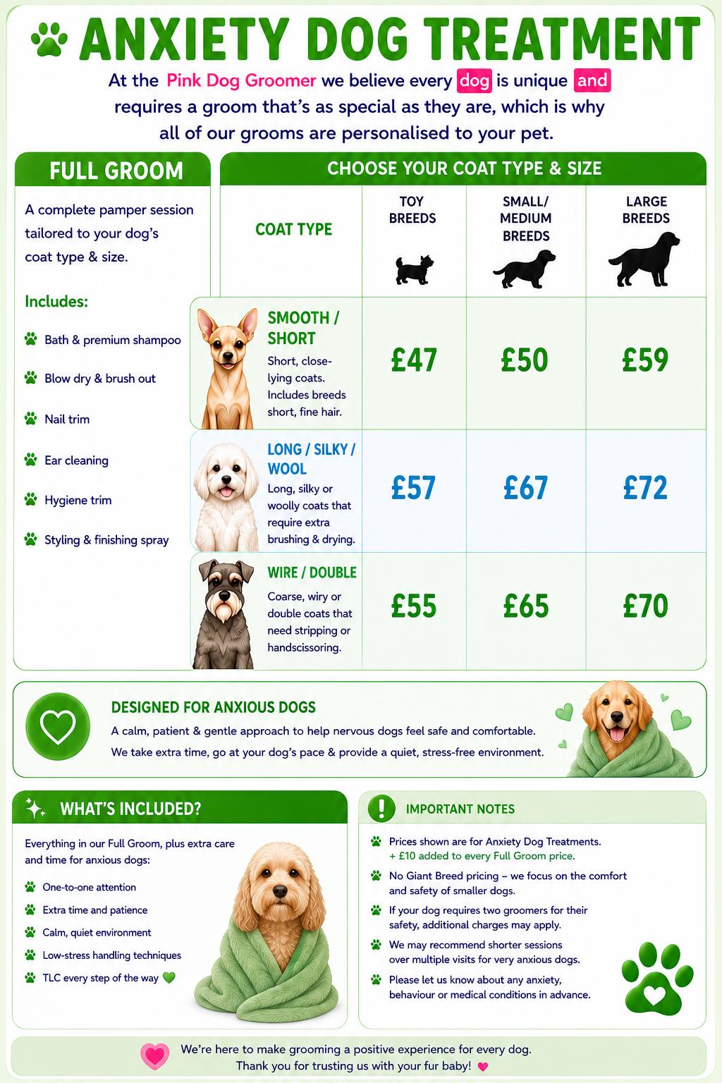 Pink Dog Anxiety Dog Treatment price list — calm, patient grooming for nervous dogs with extra time and one-to-one attention